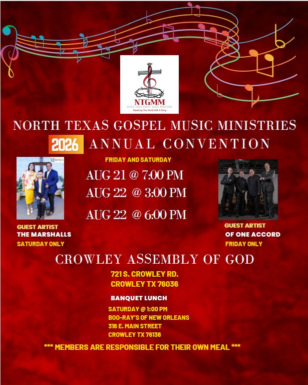 You are invited to the North Texas Gospel Music Ministries' annual convention this August! Click here for more information